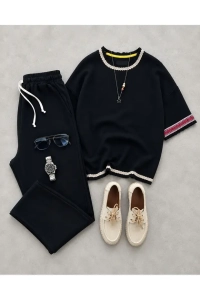 Erkek %100 Orjinal Ham Keten Oversize Tişört ve Baggy Pantalon 2'li Kombin